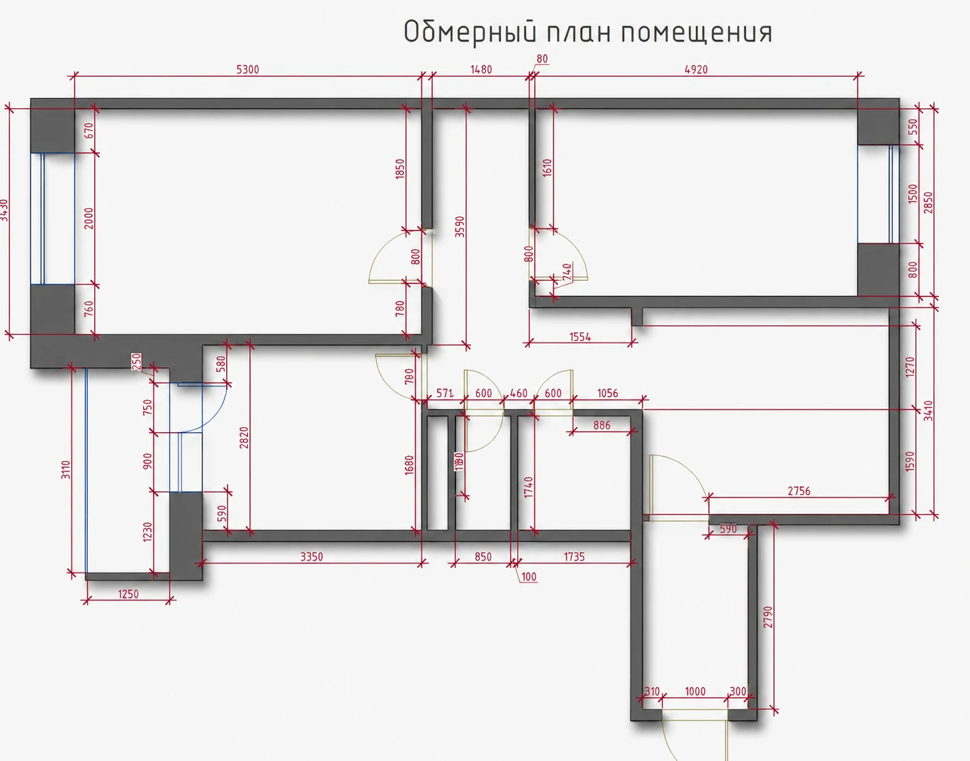 План нежилого помещения с размерами проемов и перегородок